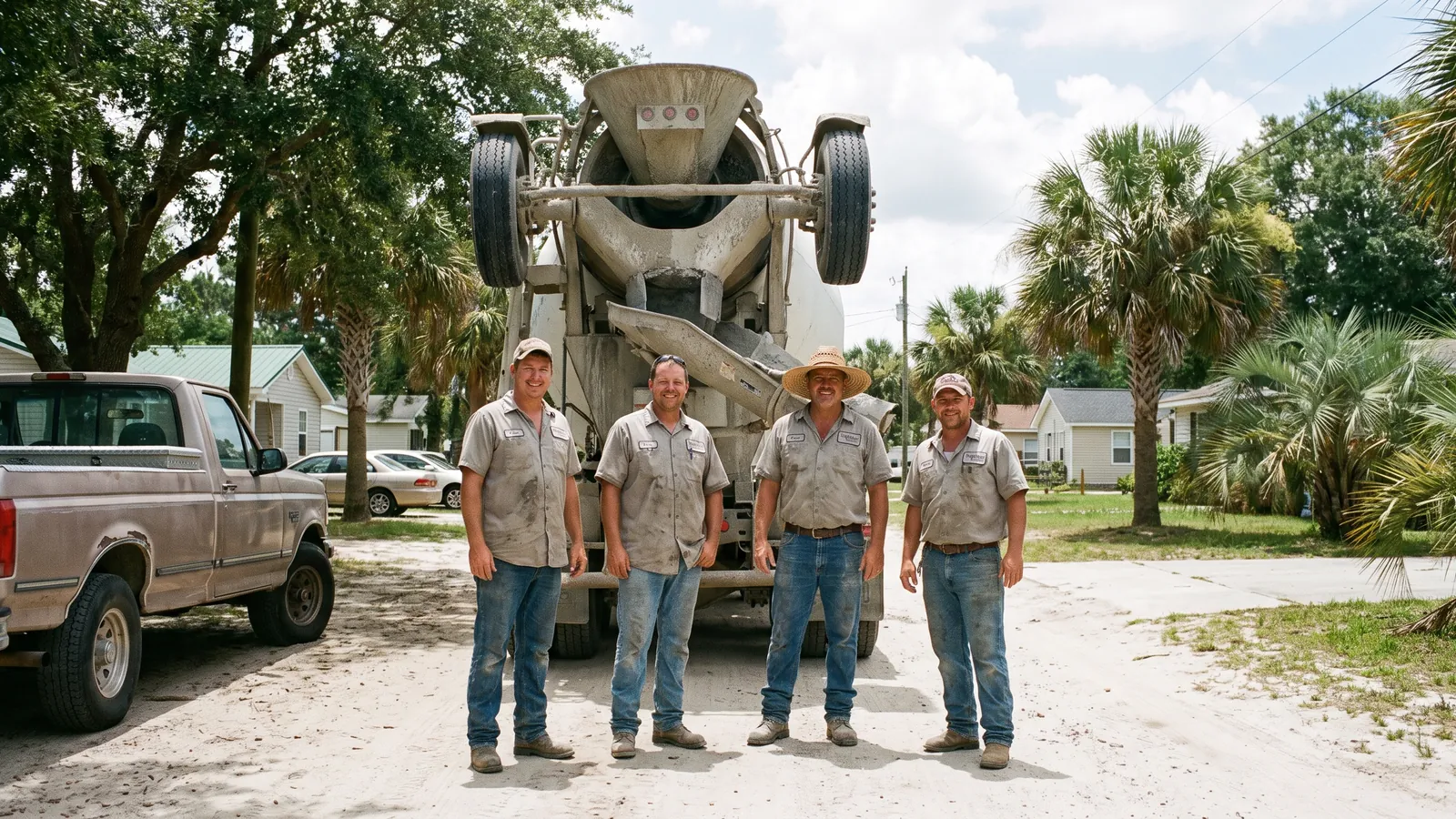 The Myrtle Beach Concrete Co. crew in front of a ready-mix truck and their pickup on a Myrtle Beach street